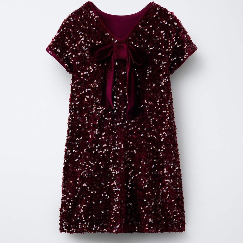 NWT- Zara kids Burgundy Sequin Bow Dress sz.9-10 - Picture 2 of 6